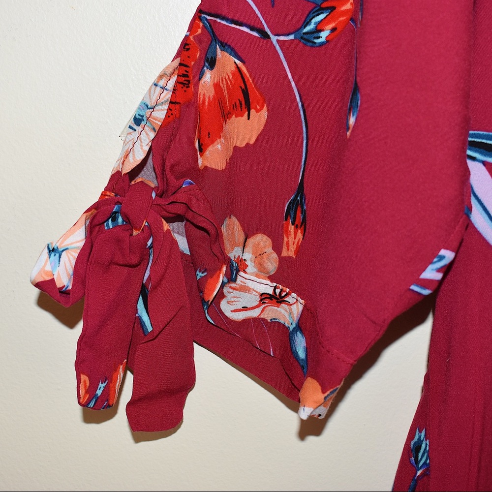 Umgee Pink and Red 3/4 Sleeve Tie Front Blouse - Picture 5 of 8